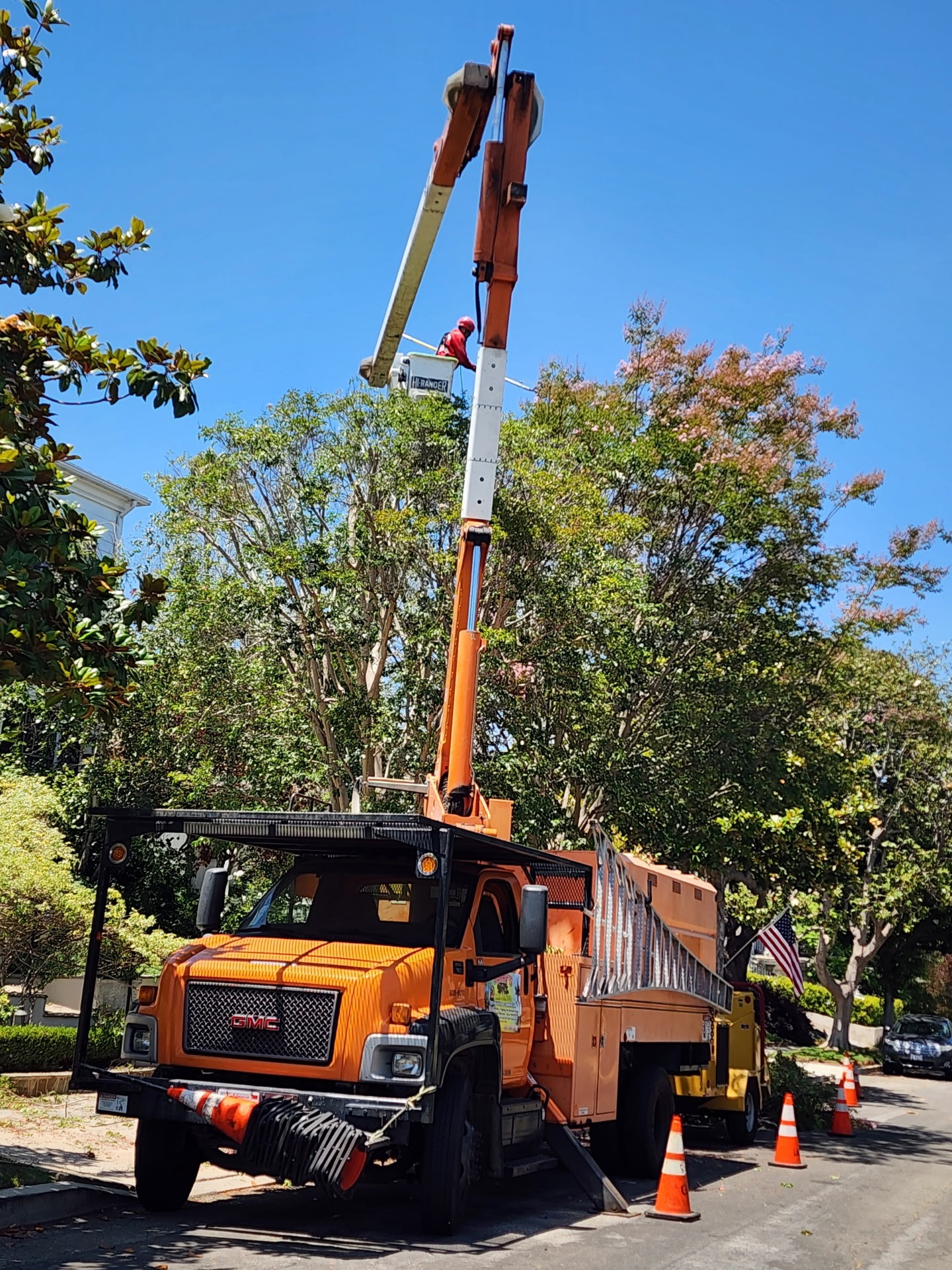 Bucket-truck pruning on a residential street
